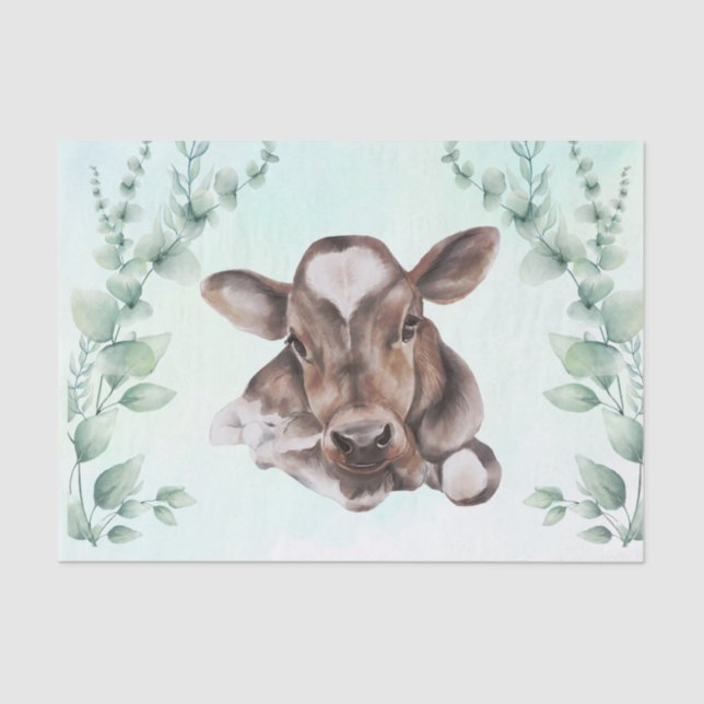 Watercolor Cow Baby Calf Eucalyptus  Tissue Paper (Front)