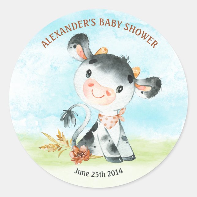 Watercolor Cow Baby Shower Farm Classic Round Sticker (Front)
