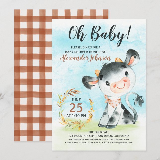 Watercolor Cow Baby Shower Farm Invitation (Front/Back)