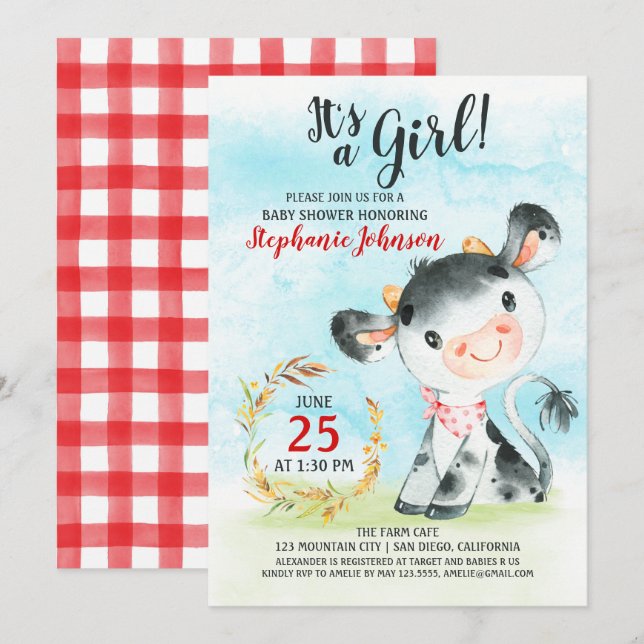Watercolor Cow Baby Shower Farm Invitation (Front/Back)