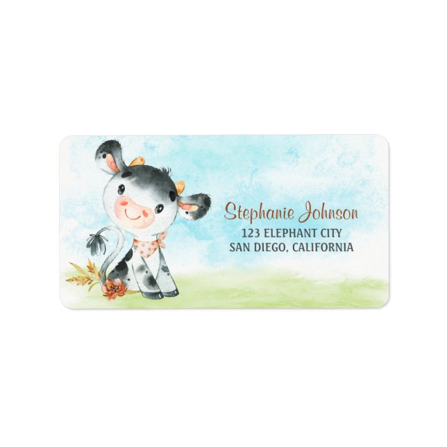 Watercolor Cow Baby Shower Farm Label (Front)
