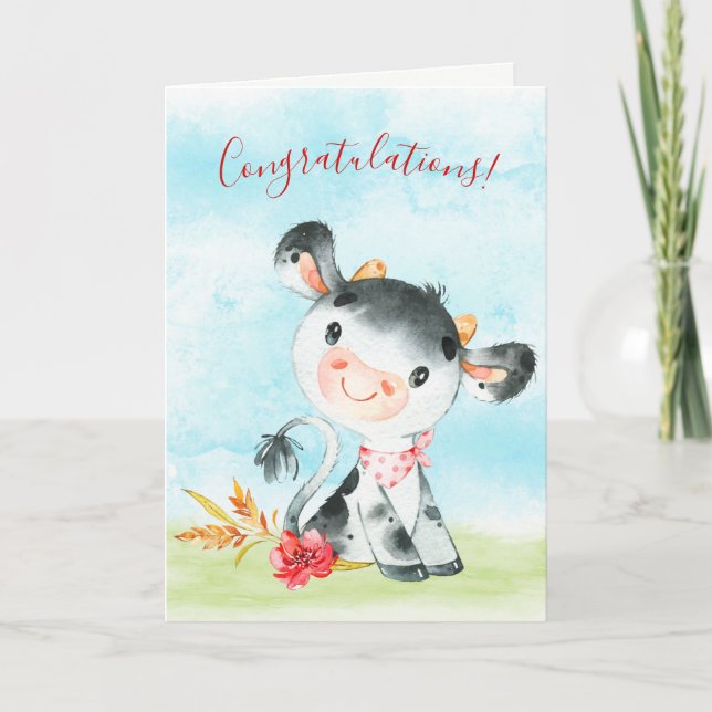 Watercolor Cow Farm Congratulations Card (Front)