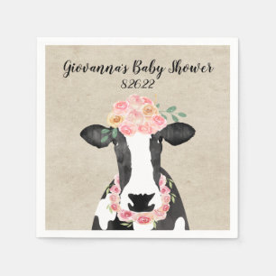 Watercolor Cow Floral Crown Farm Girl Baby Shower Napkin