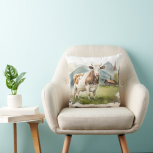 Watercolor Cow In Mountain Valley Cushion