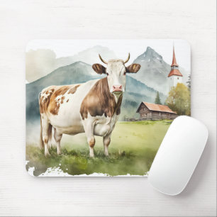 Watercolor Cow In Mountain Valley Mouse Pad