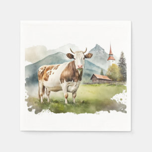 Watercolor Cow In Mountain Valley Napkin