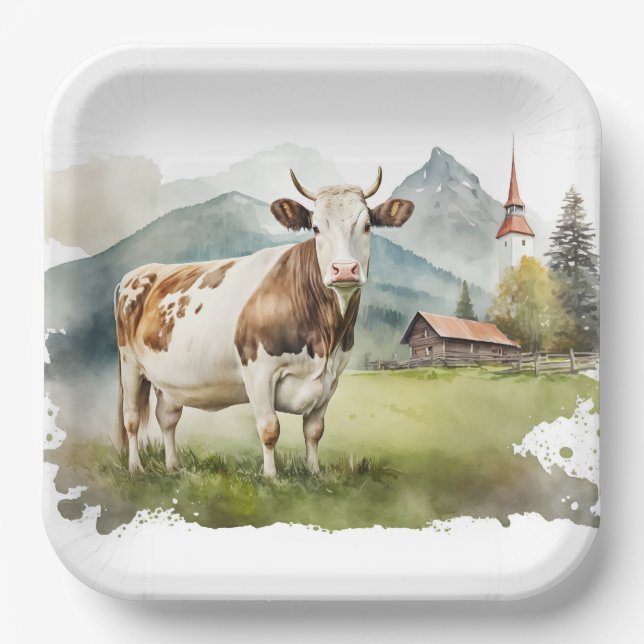 Watercolor Cow In Mountain Valley Paper Plate (Front)
