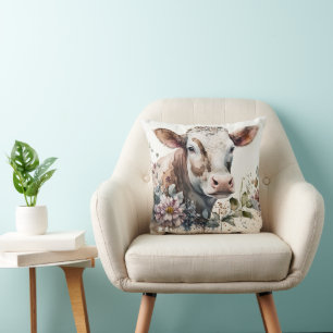 Watercolor Cow In Wildflowers Cushion