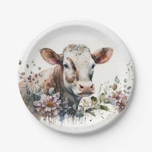 Watercolor Cow In Wildflowers Paper Plate
