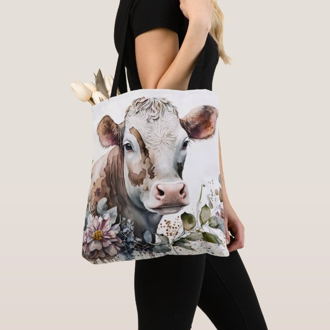 Watercolor Cow In Wildflowers Tote Bag (Close Up)