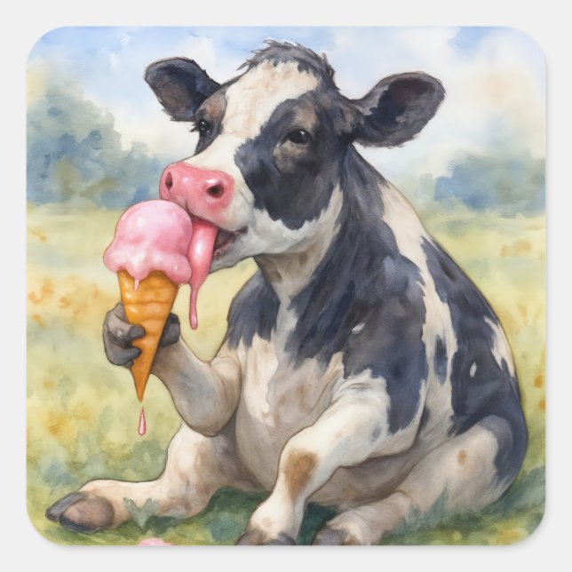Watercolor Cow Licking an Ice Cream Cone Square Sticker (Front)