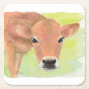 Watercolor Cow Square Paper Coaster