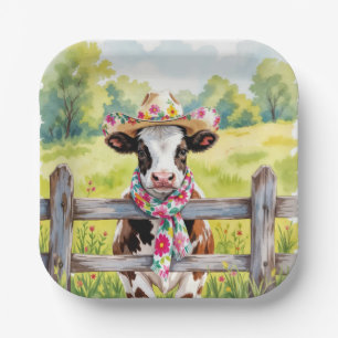 Watercolor Cow Wearing a Summer Hat Paper Plate