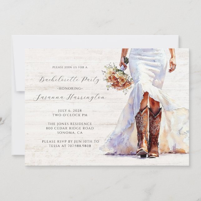 Watercolor Cowgirl Bride Boots Bachelorette Party Invitation (Front)