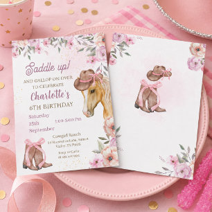 Watercolor Cowgirl Horse Floral Western Birthday Invitation