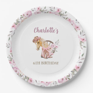 Watercolor Cowgirl Horse Floral Western Birthday Paper Plate