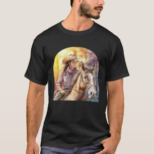 Watercolor cowgirl riding her horse on a bright su T-Shirt