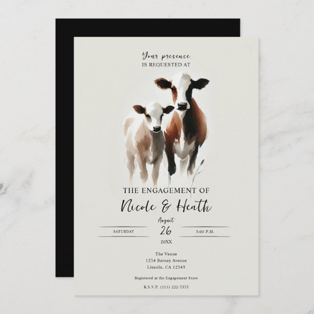 Watercolor Cows Minimal Rustic Engagement Party Invitation (Front/Back)