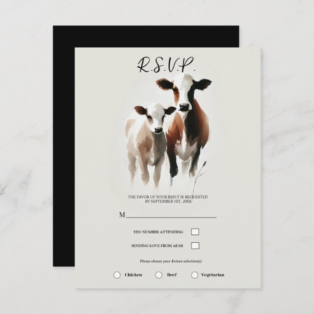 Watercolor Cows Minimal Rustic Wedding Invitation (Front/Back)