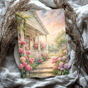 Watercolor cozy white house pink peonies garden tissue paper