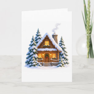 Watercolor Cozy Winter Log Cabin Card