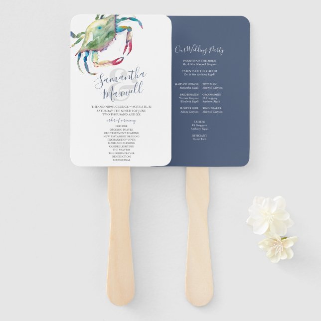 Watercolor Crab Beach Wedding Program Fan  (Front and Back)
