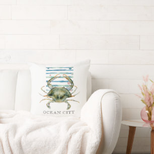 WATERCOLOR CRAB, COASTAL, BEACH, OCEAN CITY CUSHION