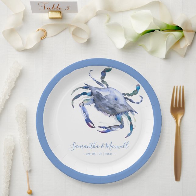 Watercolor Crab Dusty Blue Beach Wedding  Paper Plate (Wedding)