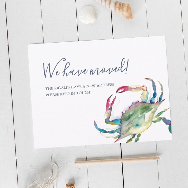 Watercolor Crab Moving Announcement Postcard (New address moving announcement postcard watercolor blue crab art by Victoria Grigaliunas)