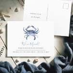 Watercolor Crab Moving Announcement Postcards<br><div class="desc">These moving announcement postcards feature a unique watercolor crab in shades of blue, perfect for sharing your new coastal address. The front showcases "We've Moved" in elegant hand-lettered script, while the back provides space for your personalised moving announcement details. Easily customise with our moving announcement templates for a stylish, beach-inspired...</div>