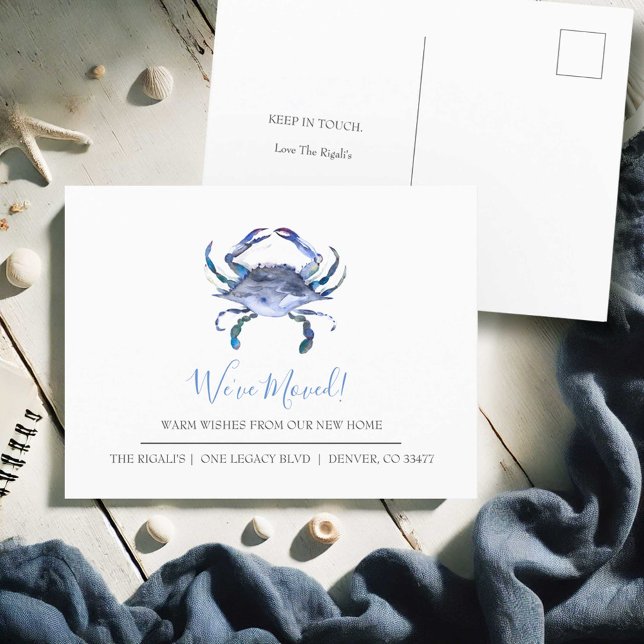 Watercolor Crab Moving Announcement Postcards (Change of address postcards watercolor blue crab art by Victoria Grigaliunas Do Tell A Belle beach)