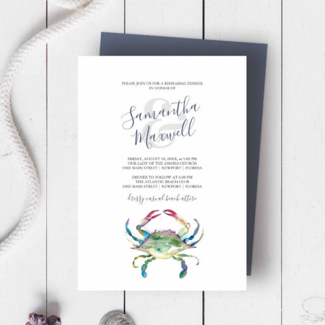 Watercolor Crab Rehearsal Dinner Invitation (Rehearsal dinner invitation beach wedding watercolor blue crab art by Victoria Grigaliunas.)