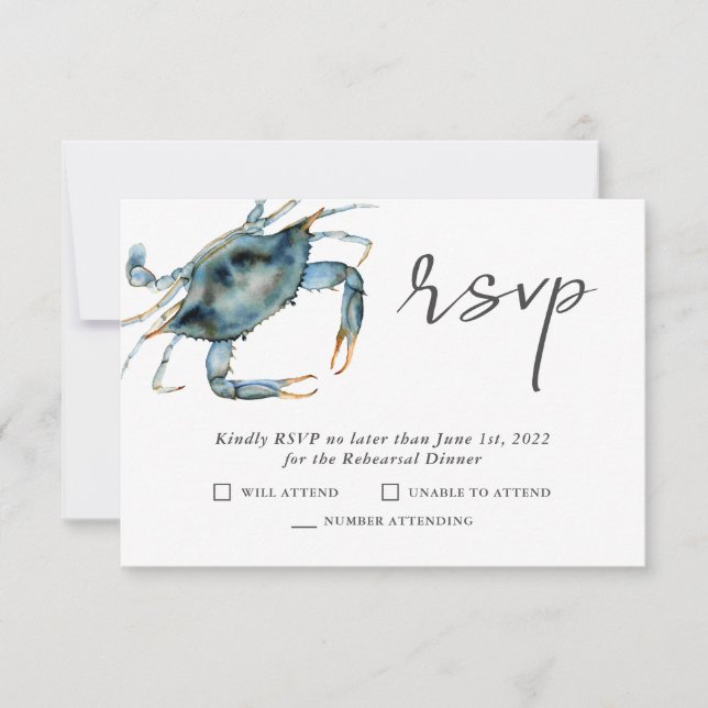 Watercolor Crab Seafood Rehearsal Dinner RSVP Card (Front)