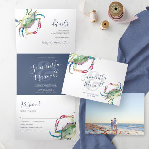 Watercolor Crab Trifold Beach Wedding Invitation