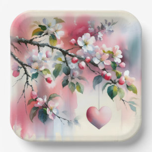 Watercolor Crabapple Tree With Heart Paper Plate