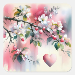 Watercolor Crabapple Tree With Heart  Square Sticker