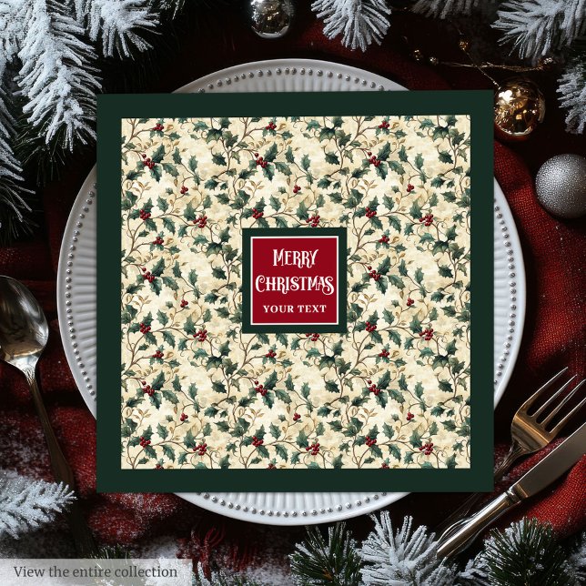 Watercolor cranberry red holly berry deep green napkin (Watercolor cranberry red holly berry deep green Paper Dinner Napkins)