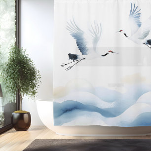 Watercolor Crane Japanese Style Shower Curtain