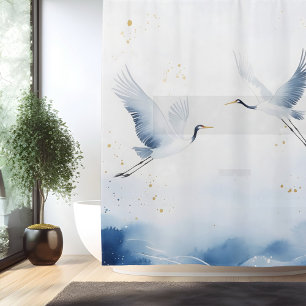 Watercolor Crane Japanese Style Shower Curtain