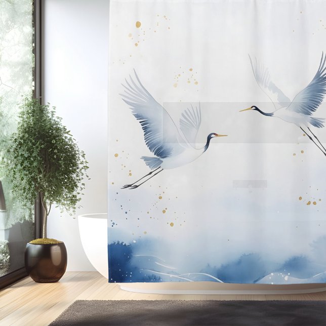 Watercolor Crane Japanese Style Shower Curtain (Creator Uploaded)