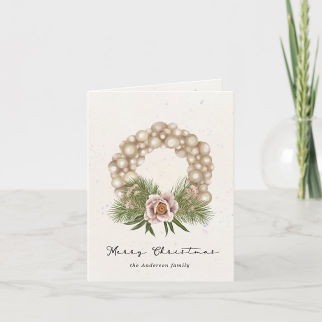 watercolor cream holiday foliage wreath photo card (Front)