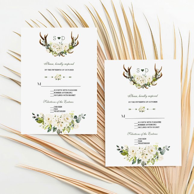 Watercolor Cream White Floral Antlers Wedding RSVP Card (Creator Uploaded)
