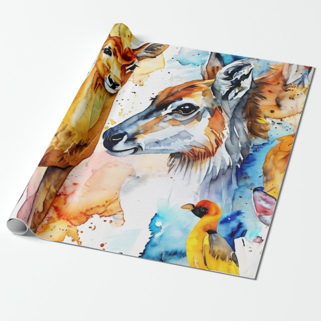 Watercolor Creatures Collage Wrapping Paper (Unrolled)