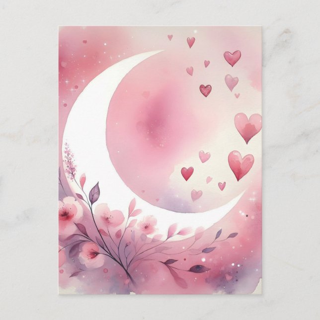 Watercolor Crescent Moon, Hearts, Cherry Blossoms Postcard (Front)