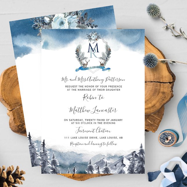 Watercolor Crest and Mountains, Dusty Blue Wedding Invitation (Creator Uploaded)