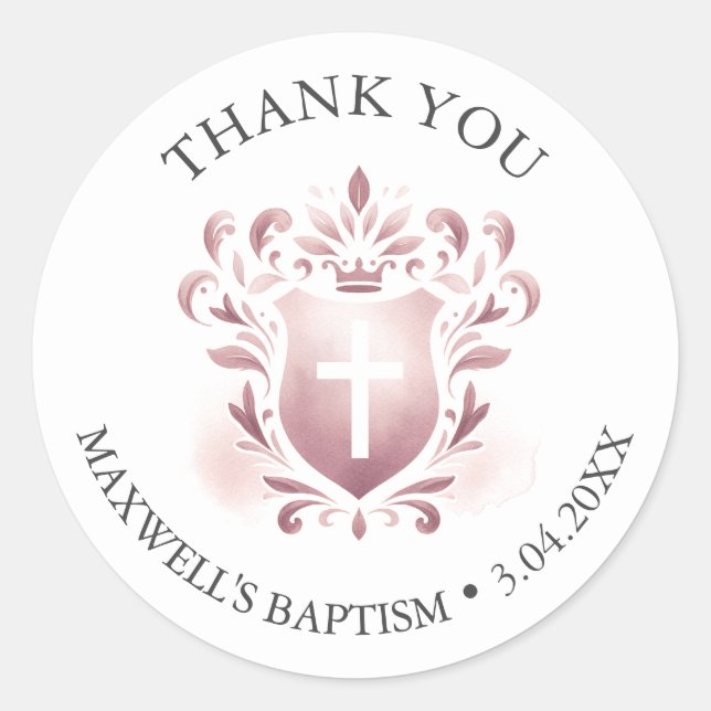 Watercolor Crest Baptism Thank You Stickers Pink (Front)