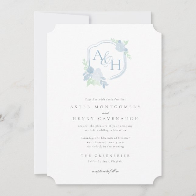 Watercolor Crest Floral Monogram Wedding Invitatio (Front)
