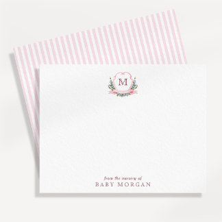 Watercolor Crest Monogram Baby Girl Note Card