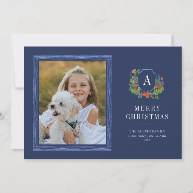 Watercolor Crest Preppy Christmas Photo Card (Front)