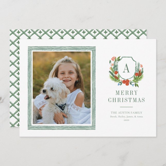 Watercolor Crest Preppy Christmas Photo Card (Front/Back)